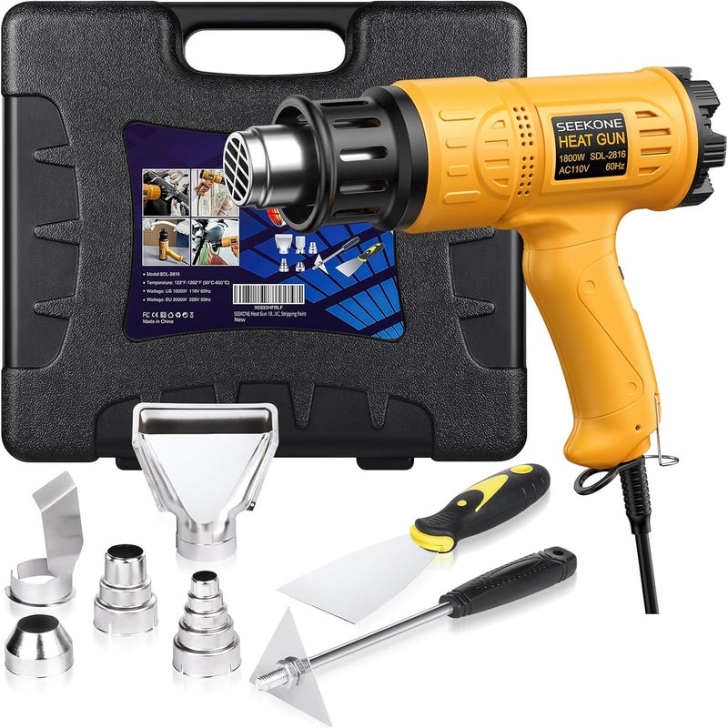 SEEKONE Heat Gun 1800W Heavy Duty Hot Air Gun Kit With Carry Case Variable Temperature Control 122℉-1112℉（50℃- 600℃） Overload Protection with 4 Nozzles for Crafts, Shrinking PVC, Stripping Paint - Image 1